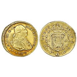 Popayan, Colombia, gold bust 1 escudo, Charles IV, 1797JF.