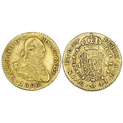 Bogota, Colombia, gold bust 1 escudo, Charles IV, 1806JJ, no dot before FELIX.