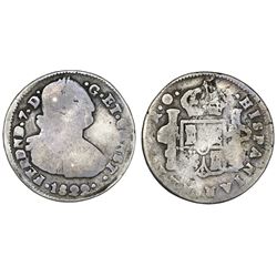 Pasto, Colombia, bust 2 reales, Ferdinand VII (bust of Charles IV), 1822O, two dots between date and