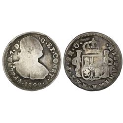 Pasto, Colombia, bust 2 reales, Ferdinand VII (bust of Charles IV), 1822O, two dots between date and