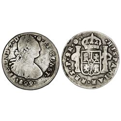 Pasto, Colombia, bust 2 reales, Ferdinand VII (bust of Charles IV), 1822O, two dots between date and