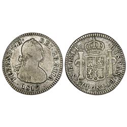 Bogota, Colombia, bust 1 real, Ferdinand VII (bust of Charles IV), 1812JF, doubled-die face.