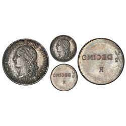 Medellin, Colombia, silver essai pattern obverse 1/2 decimo with mirror-image denomination and R on 