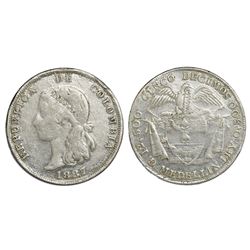 Medellin, Colombia, 5 decimos, 1887, elongated head, extremely rare, PCGS F detail / repaired.