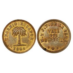 Jovellanos, Cuba, copper 1 real token, 1864, Ingenio Ecuador / M. y J.F. de la Vega, NGC MS 64 RB.