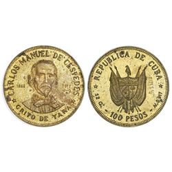 Cuba, off-metal pattern for gold 100 pesos in brass, 1977, Carlos Manuel de Cespedes, rare, ex-Rudma