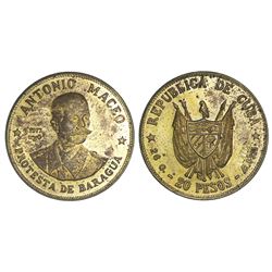 Cuba, off-metal pattern for silver 20 pesos in brass, 1977, Antonio Maceo, rare, ex-Rudman.