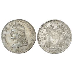 Quito, Ecuador, 5 francos, 1858GJ, NGC AU 53.