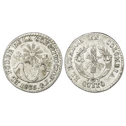 Quito, Ecuador, 2 reales, 1835GJ, NGC VF 30.