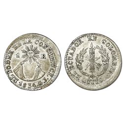 Quito, Ecuador, 1 real, 1834GJ, NGC XF details / cleaned.
