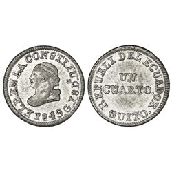 Quito, Ecuador, 1/4 real, 1849GJ, NGC AU 55.