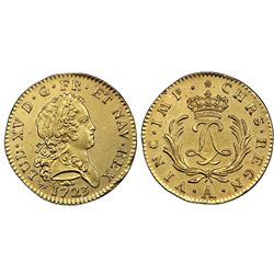 France (Paris mint), gold double Louis d'or, Louis XV, 1723-A, NGC AU details / saltwater damage.