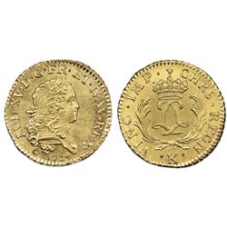 France (Bordeaux mint), gold louis d'or, Louis XV, 1724-K, NGC UNC details / saltwater damage.