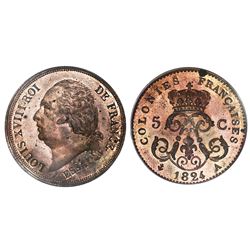 French Colonies (struck in Paris), bronze essai 5 centimes, Louis XVIII, 1824-A, PCGS SP64RB, finest