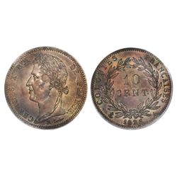 French Colonies (struck in Paris), bronze 10 centimes, Charles X, 1825-A, PCGS MS63BN.