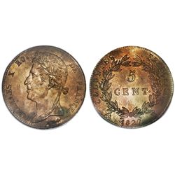French Colonies (struck in La Rochelle), bronze 5 centimes, Charles X, 1827-H, PCGS MS63RB.