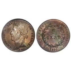 French Colonies (struck in Paris), bronze 5 centimes, Charles X, 1830-A, PCGS MS64BN.