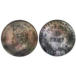 French Colonies (struck in Paris), bronze 5 centimes, Louis Philippe I, 1843-A, PCGS MS63BN, finest
