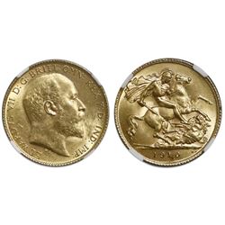 Great Britain (London, England), gold 1/2 sovereign, Edward VII, 1910, NGC MS 62.