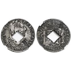 Guadeloupe (British occupation), 9 livres, crowned-G countermark and central crenated square hole (1