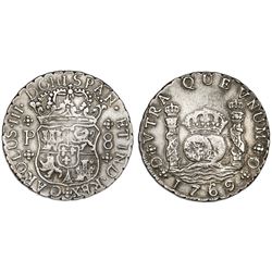 Guatemala, pillar 8 reales, Charles III, 1769P, inverted N's, rare.