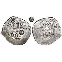 Guatemala, 8 reales, sun-over-mountains countermark (Type II, 1839) on cross side of a Lima, Peru, c