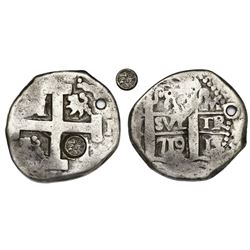 Guatemala, 8 reales, sun-over-mountains countermark (Type II, 1839) on cross side of a Lima, Peru, c