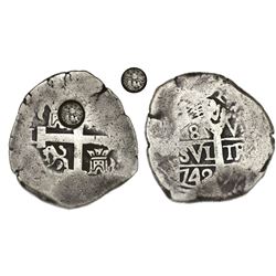 Guatemala, 8 reales, sun-over-mountains countermark (Type II, 1839) on cross side of a Lima, Peru, c