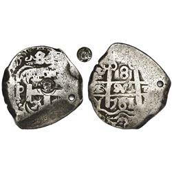 Guatemala, 8 reales, sun-over-mountains countermark (Type II, 1839) on cross side of Potosi, Bolivia