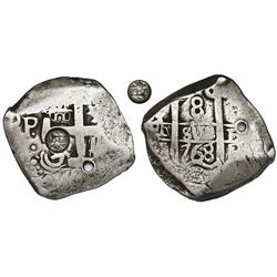 Guatemala, 8 reales, sun-over-mountains countermark (Type II, 1839) on cross side of a Potosi, Boliv