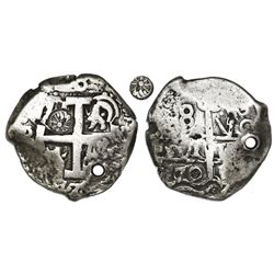 Guatemala, 8 reales, sun-over-mountains countermark (Type II, 1839) on cross side of Potosi, Bolivia