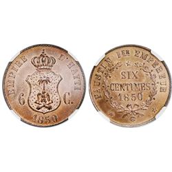 Haiti, copper proof pattern 6 centimes, Faustin I, 1850, date below denomination, NGC PF 66 RB.