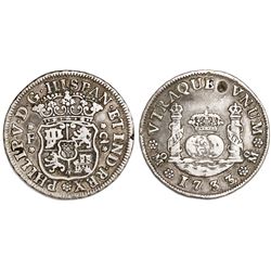 Mexico City, Mexico, pillar 2 reales, Philip V, 1733F, very rare, ex-Potomac.