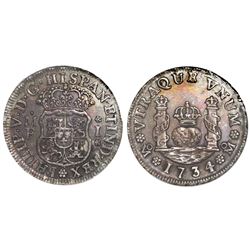 Mexico City, Mexico, pillar 1 real, Philip V, 1734M, NGC MS 63, finest known in NGC census.