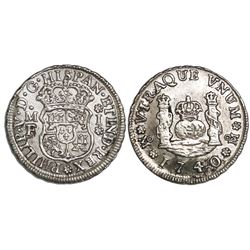 Mexico City, Mexico, pillar 1 real, Philip V, 1740MF, rosettes bracketing denomination.