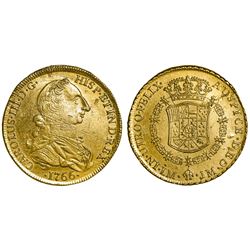 Lima, Peru, gold bust 8 escudos, Charles III young bust ( rat nose ), 1766JM.