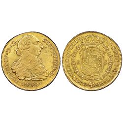 Lima, Peru, gold bust 8 escudos, Charles IV transitional (bust of Charles III, ordinal IV), 1791IJ,