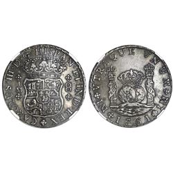 Lima, Peru, pillar 8 reales, Charles III, 1761JM, dots over both mintmarks, NGC XF 40.