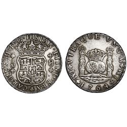 Lima, Peru, pillar 8 reales, Charles III, 1764JM, dots over both mintmarks.