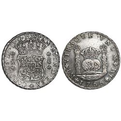 Lima, Peru, pillar 8 reales, Charles III, 1766JM, dot over left mintmark only.