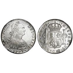 Lima, Peru, bust 8 reales, Charles IV, 1797IJ, NGC MS 62.