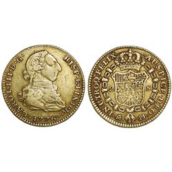 Madrid, Spain, gold bust 2 escudos, Charles III, 1776/4PJ.