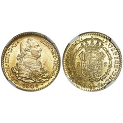 Madrid, Spain, gold bust 2 escudos, Charles IV, 1804FA, NGC MS 63.