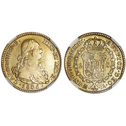 Madrid, Spain, gold bust 2 escudos, Charles IV, 1805FA, NGC XF 45.