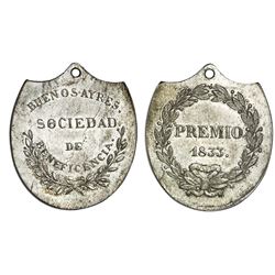 Buenos Aires, Argentina, silver award medal (shield-shaped), 1833, Charity Society.