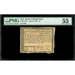 New Jersey, $3, June 9, 1780, serial 2255, PMG AU 55.