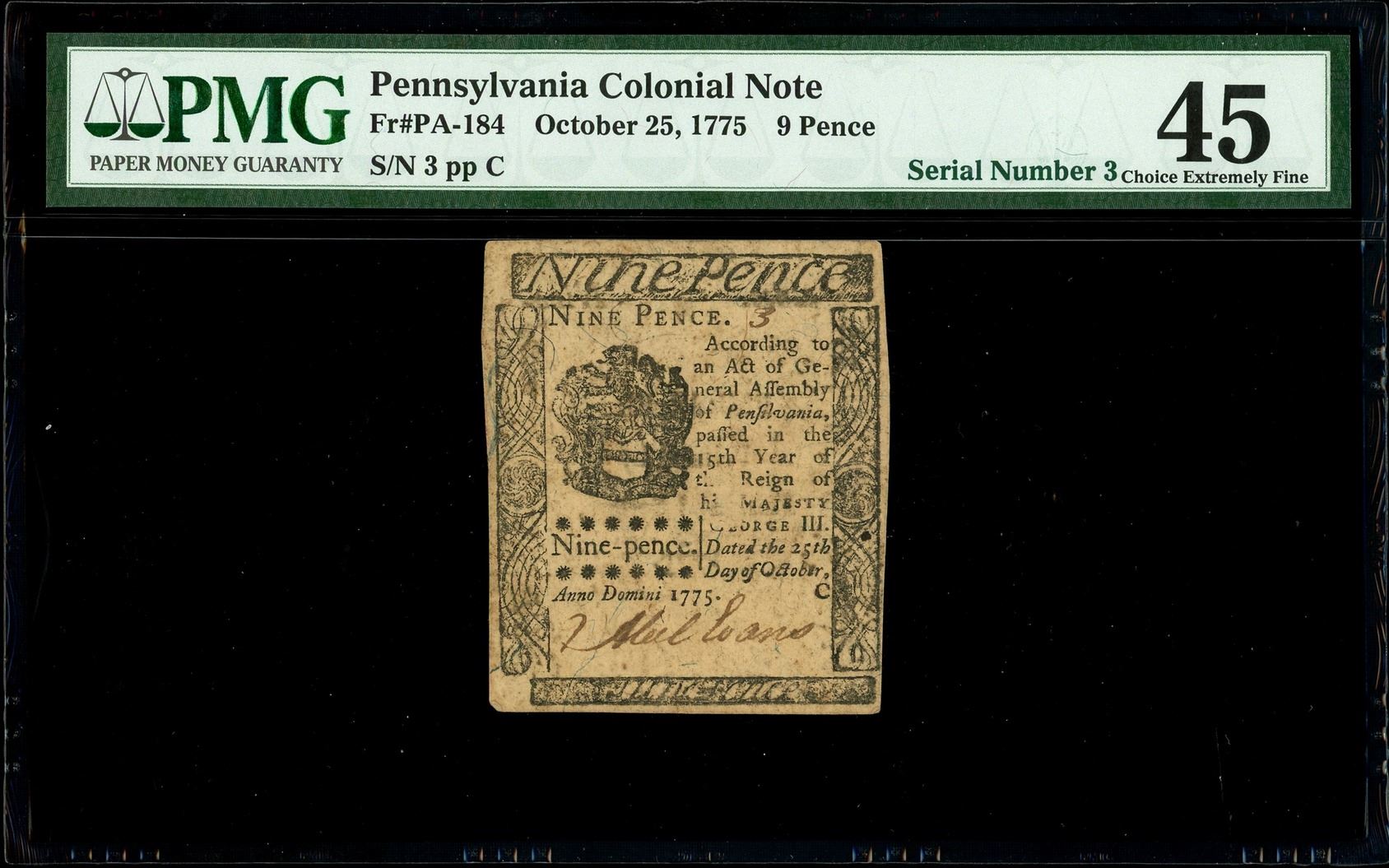 Pennsylvania, 9 pence, 25-10-1775, serial 3, very low serial number ...