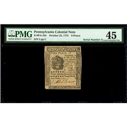 Pennsylvania, 9 pence, 25-10-1775, serial 3, very low serial number, PMG Choice XF 45.
