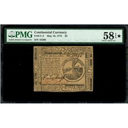 United Colonies, Continental Congress, $2, May 10, 1775, serial 45296, PMG Choice AU 58 EPQ Star, fi