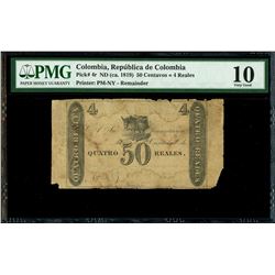 Colombia, 50 centavos / 4 reales remainder, no date (1819), PMG VG 10, rare.